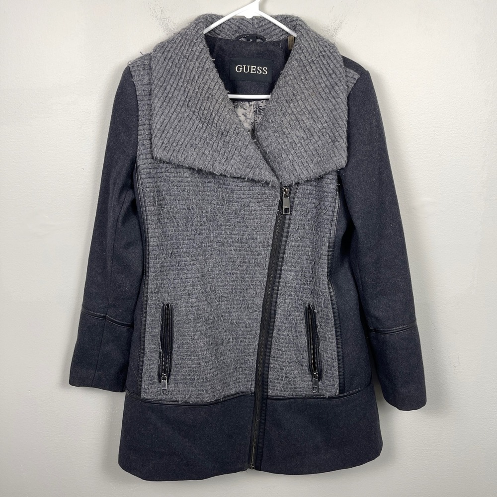 Guess Coat Jacket Women's Medium Black Grey Asymmetrical Zipper Wool Blend